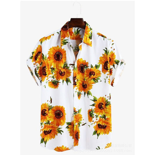 Herren Kurzarmhemd mit farbenfrohem Sonnenblumenmuster und leichtem Baumwollstoff R&B