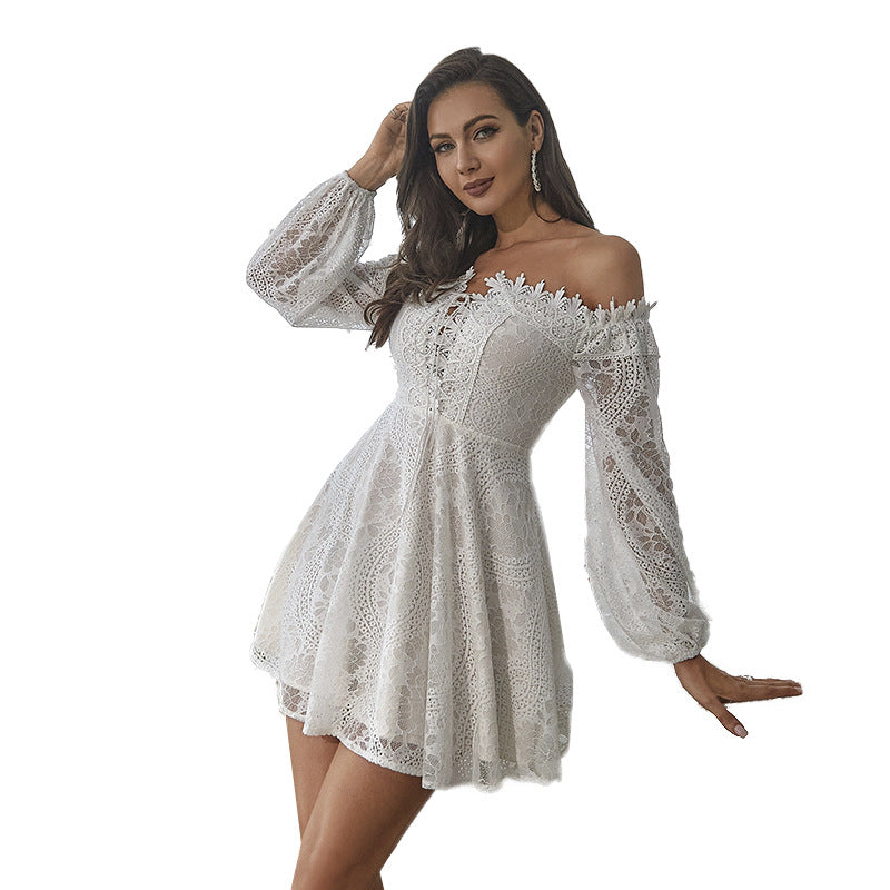 Damen Off-Shoulder Spitzenkleid mit weitem Schößchen R&B