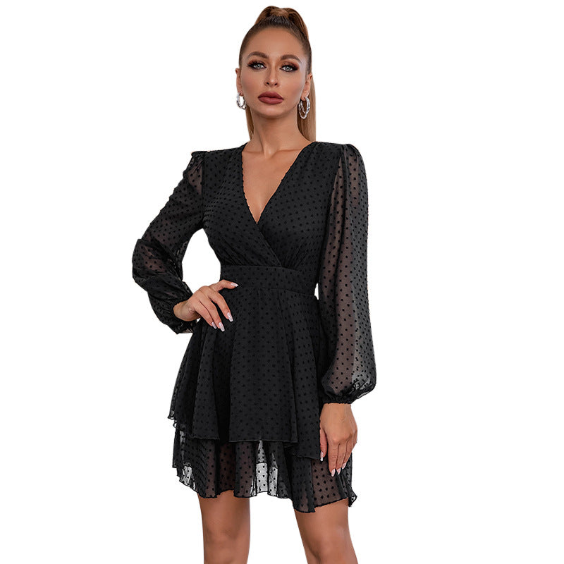 Damen verspieltes A-Linien Kleid mit langen Puffyärmeln und V-Ausschnitt R&B