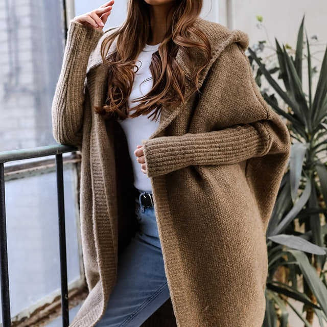 Damen kuschelige Strickjacke mit Kapuze und offenem Schnitt R&B