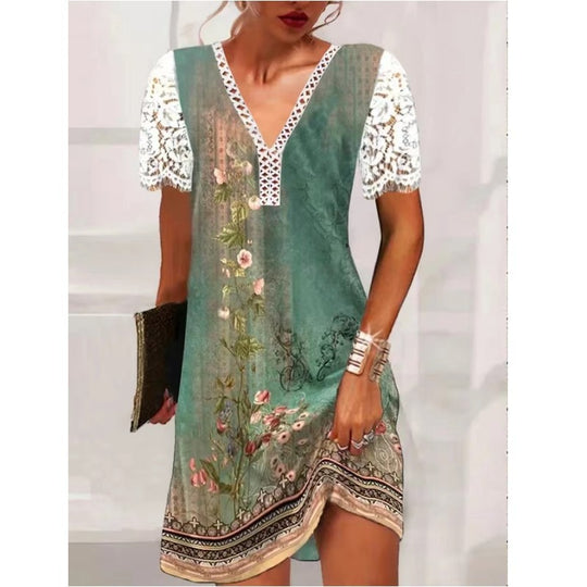 Damen Leichtes Sommerkleid mit Spitzenärmeln und floralem Design R&B