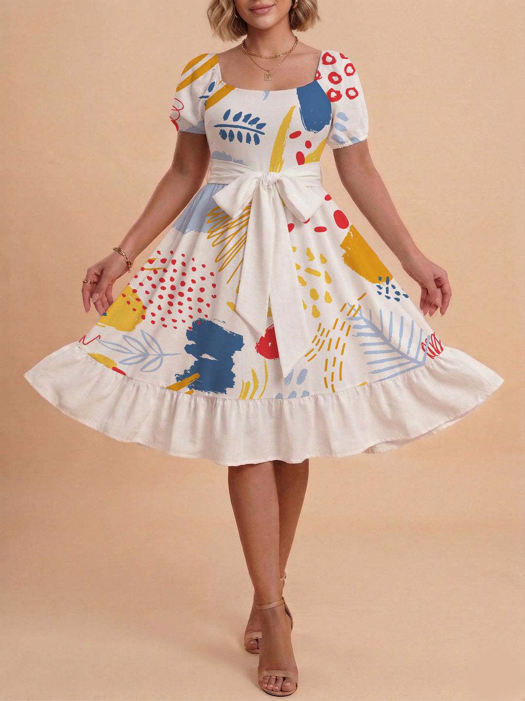 Damen Sommerkleid mit floralem Puffärmel und taillierbarem Gürtel R&B