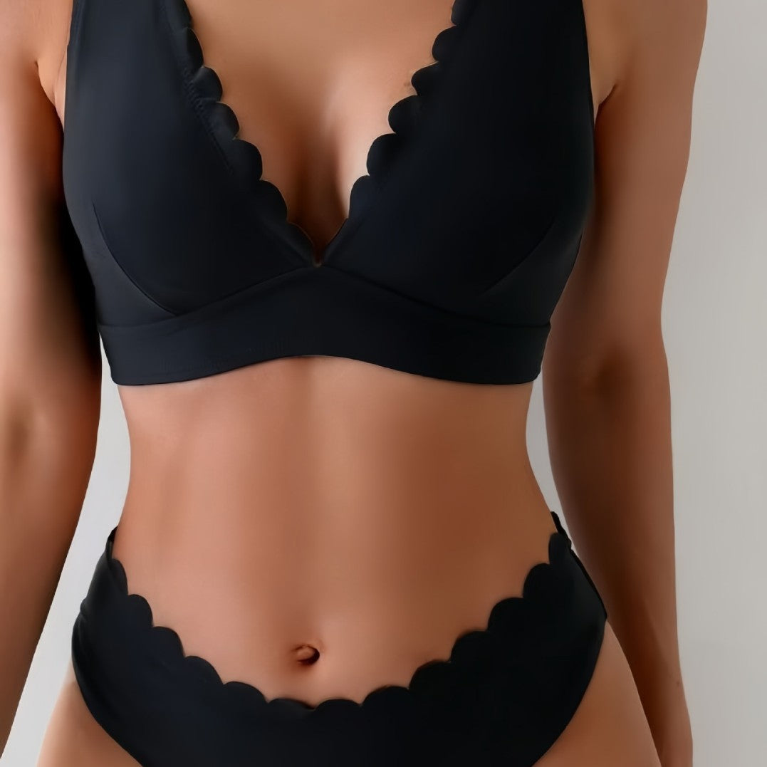 Damen Bikini-Set mit eleganten Wellenkanten und tiefem V-Ausschnitt R&B