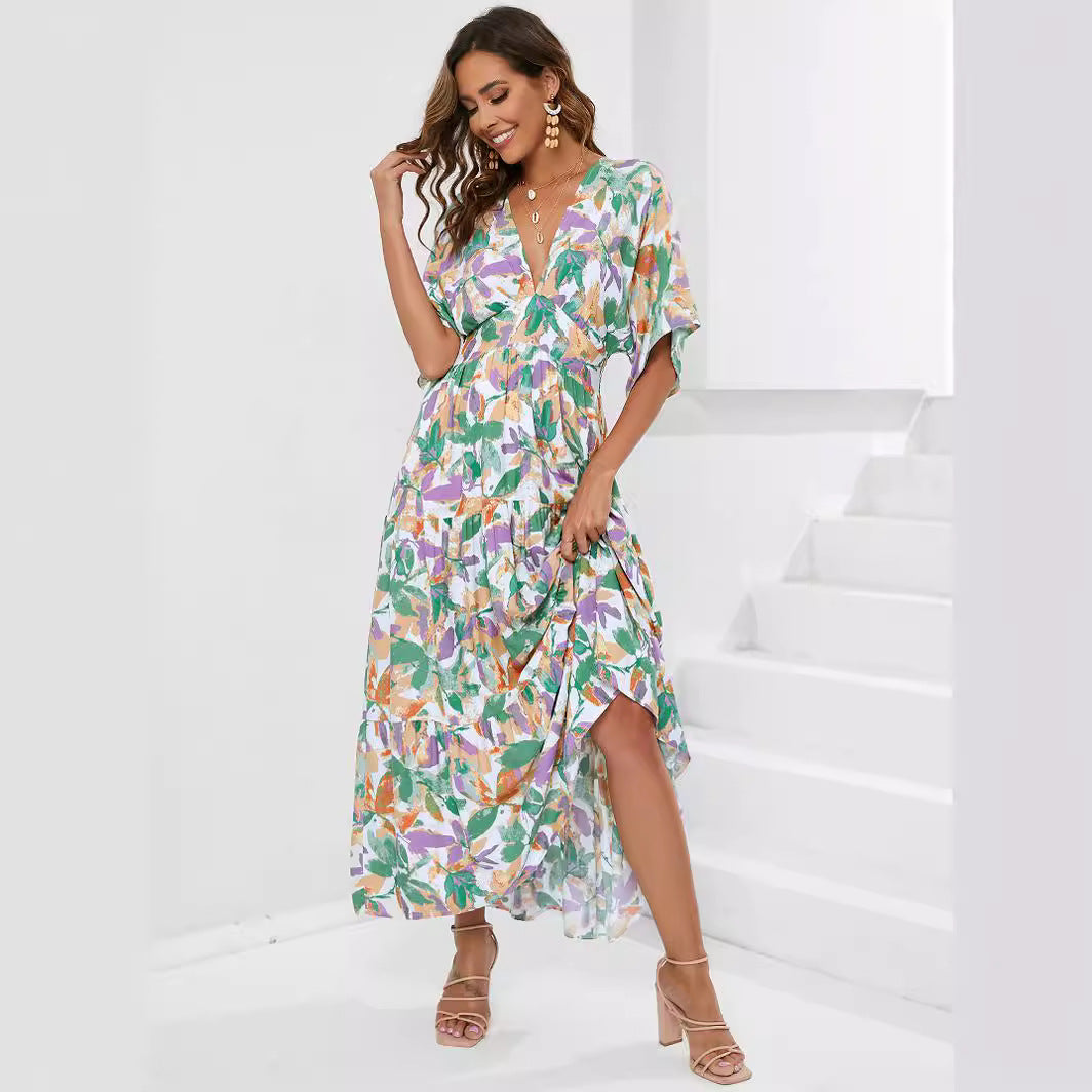 Damen Maxi-Kleid mit V-Ausschnitt und floralen Mustern R&B