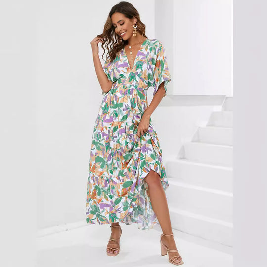 Damen Maxi-Kleid mit V-Ausschnitt und floralen Mustern R&B