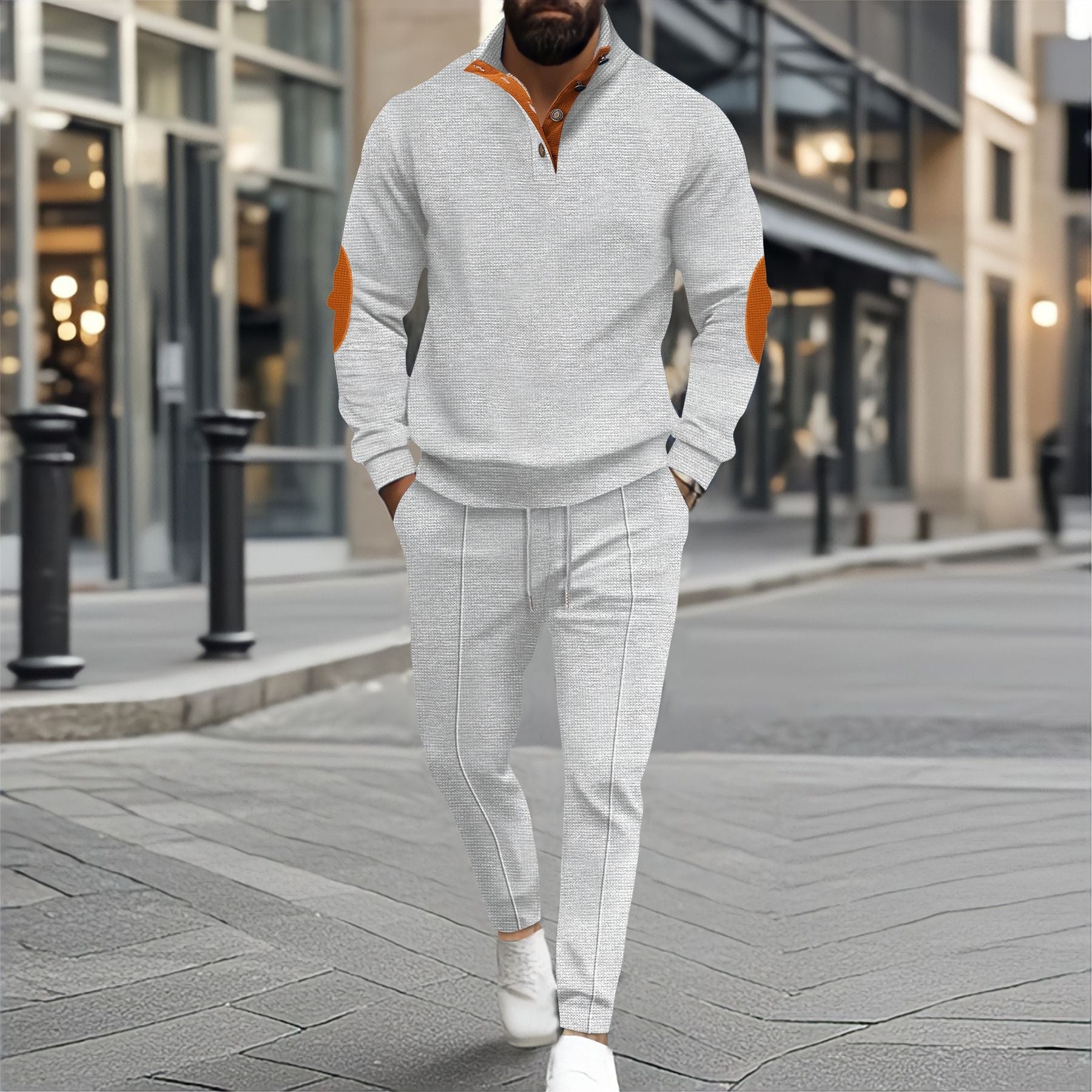 Herren nan feinstrukturiertes Halbkragen-Sweatshirt mit Knopfleiste, dekorativen Ellbogenpatches und legerem Saumabschluss R&B