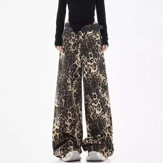 Damen Weite Cargohose im modischen Leopardenmuster mit praktischen Taschen und hohem Bund R&B