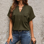 Damen lässige Bluse mit praktischen Taschen und modernem V-Ausschnitt R&B