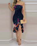 Damen Wickelkleid mit asymmetrischem Saum und floralen Akzenten R&B