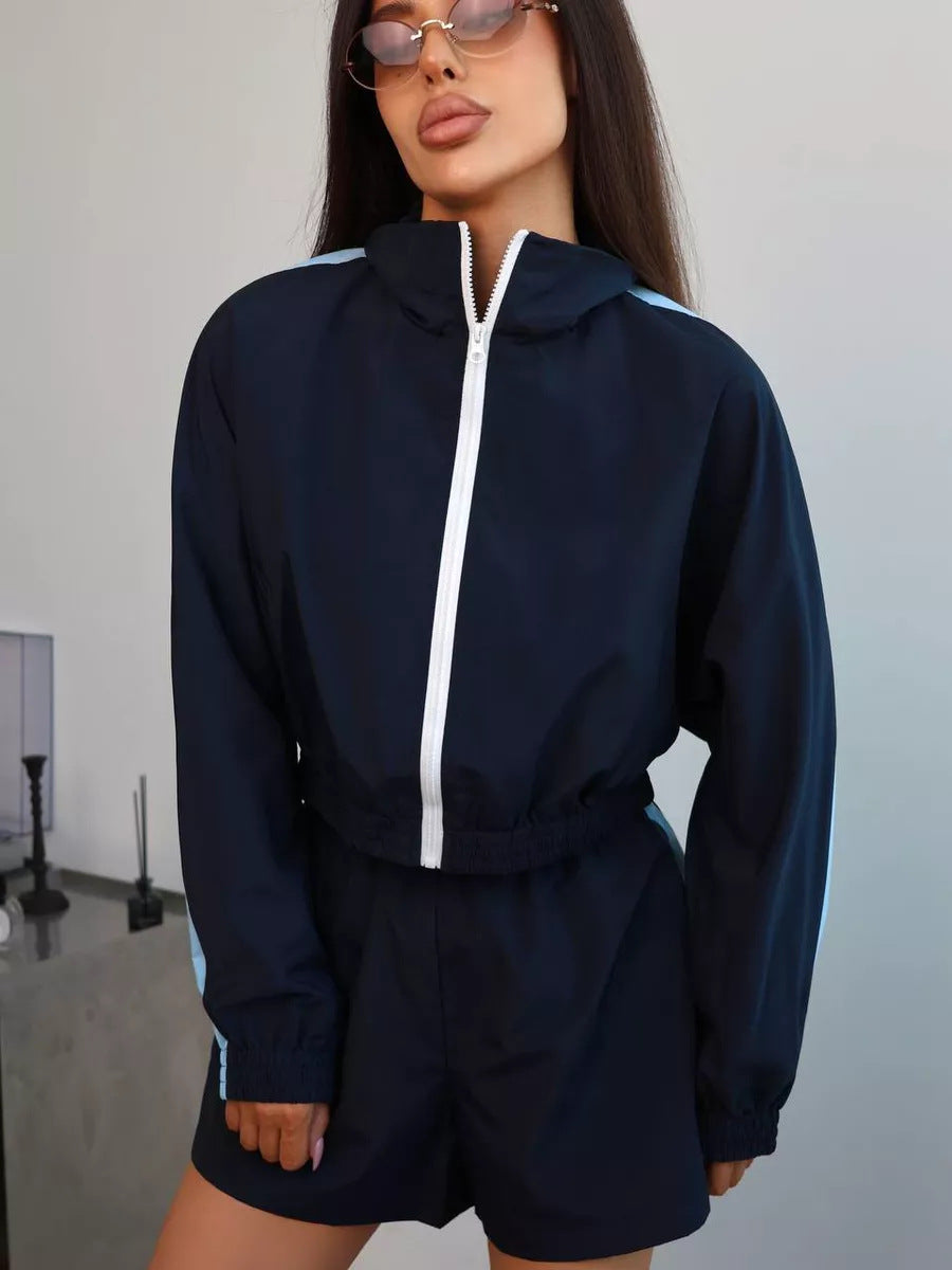Damen sportliches Set aus funktional atmungsaktivem Material mit Reißverschluss und elastischem Bund R&B
