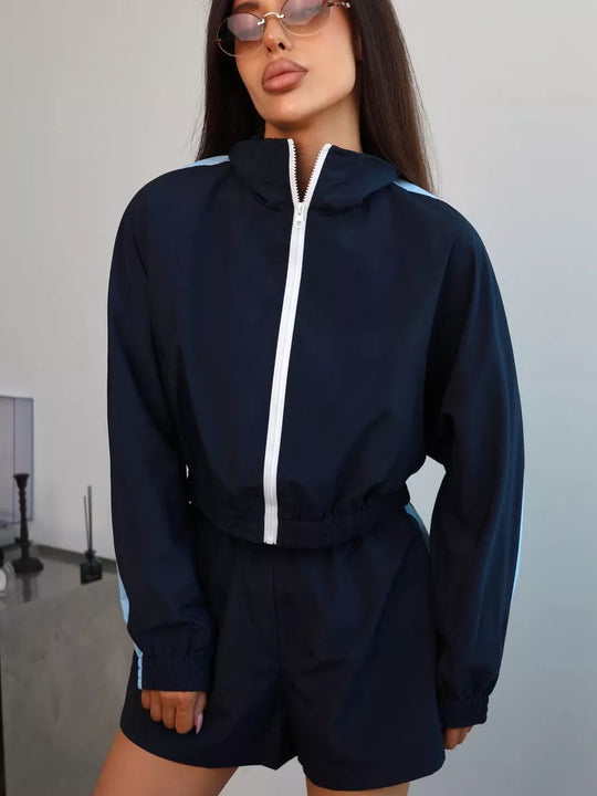 Damen sportliches Set aus funktional atmungsaktivem Material mit Reißverschluss und elastischem Bund R&B