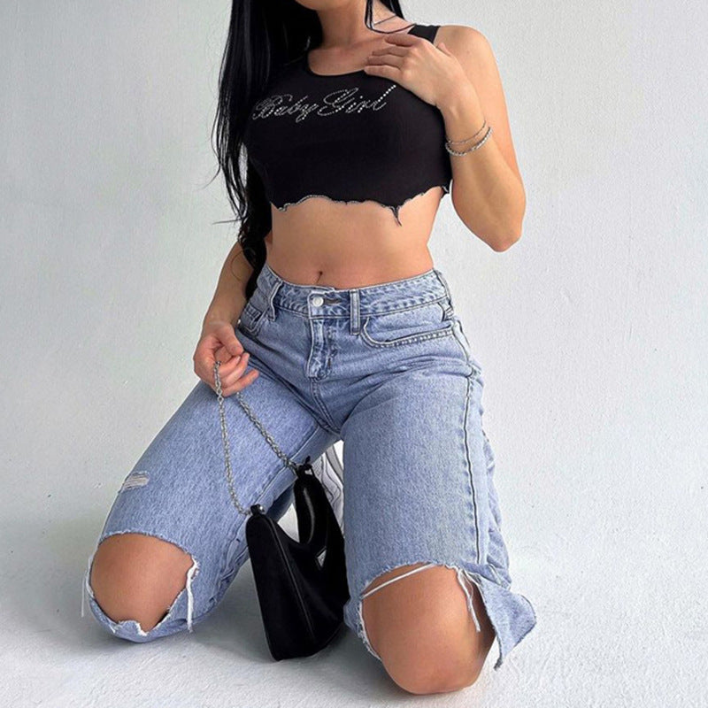 Damen Crop-Top mit glitzerndem Schriftzug und trendy Schnitt R&B