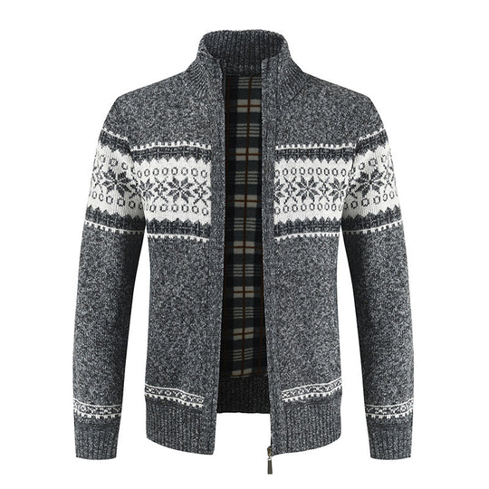 Herren Strickjacke mit modernem Norweger-Muster und hohem Kragen R&B