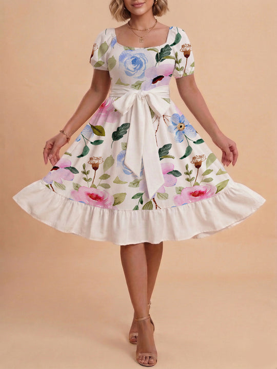 Damen Sommerliches Blumenkleid mit taillierbarem Gürtel und voluminösen Ärmeln R&B