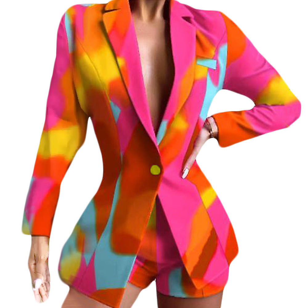 Damen Modischer Blazer mit kurzen Hosen und auffälligem Farbdesign R&B
