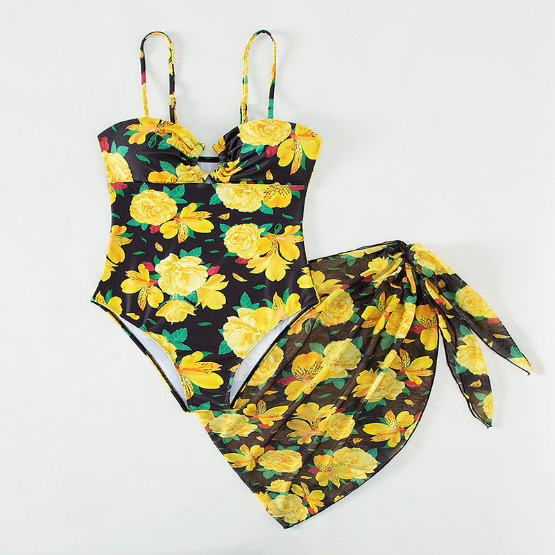 Damen Einteiler Badeanzug mit elegantem Wickelrock und floralem Muster R&B