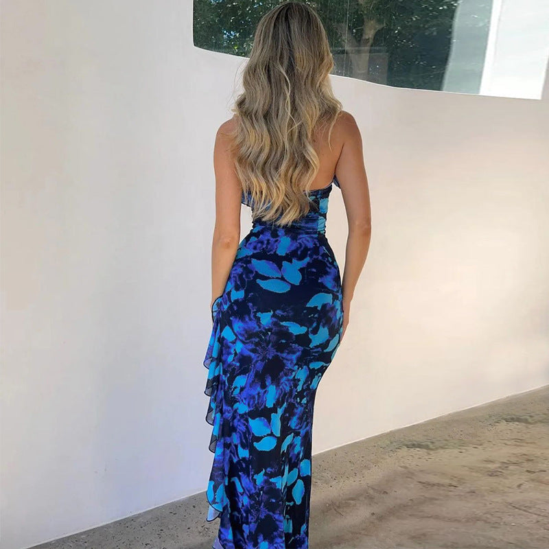 Damen Träger Maxikleid mit verspieltem Rüschen-Ausschnitt und floralem Design R&B