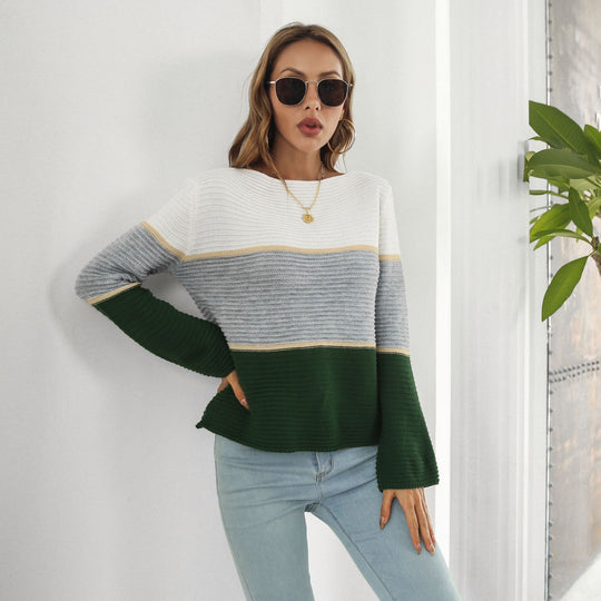 Damen Off-Shoulder Strickpullover mit modernen Farbblock-Design R&B