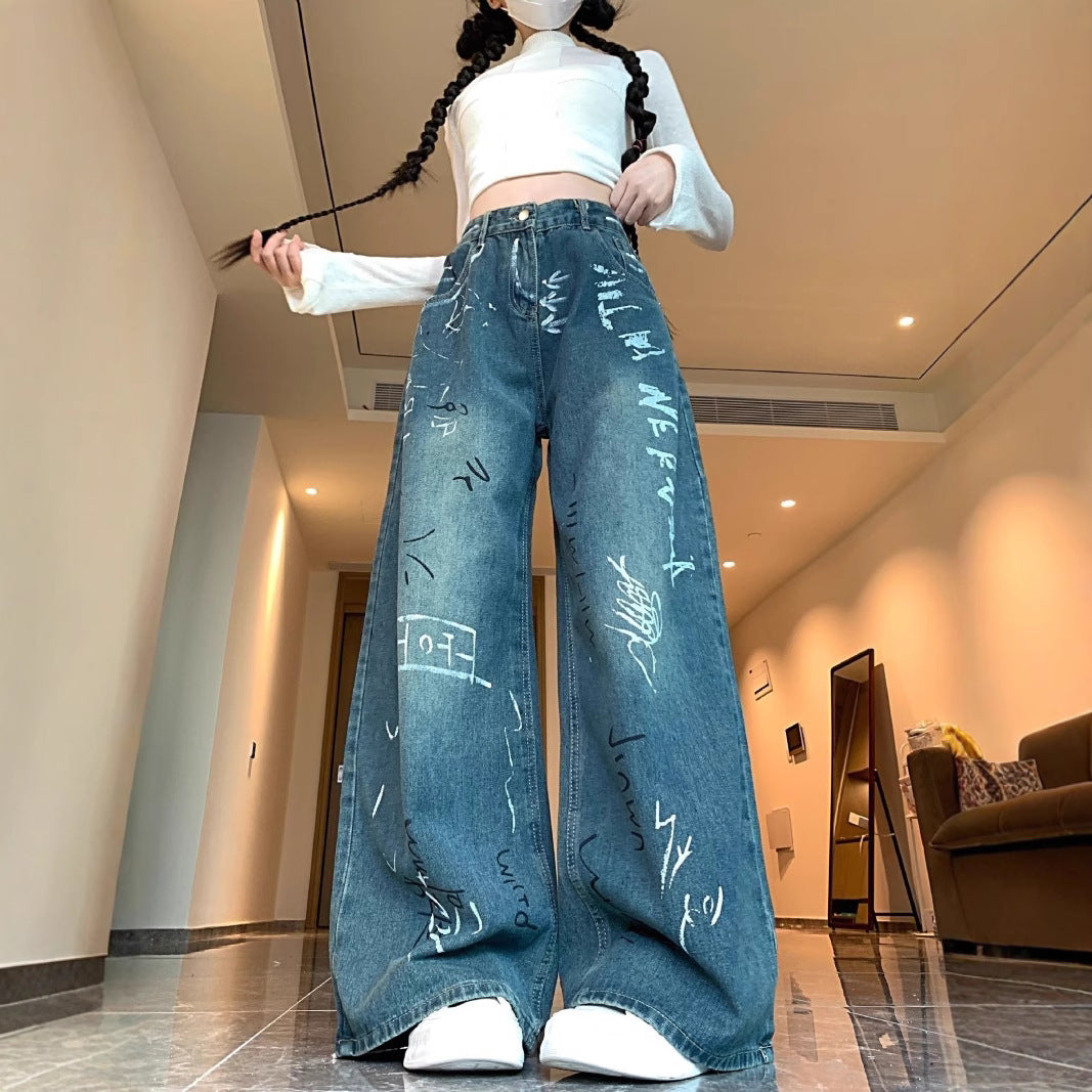 Damen Weite Jeanshose mit kreativem Graffiti-Design R&B