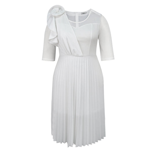 Damen elegantes Plissee-Kleid mit asymmetrischem Design und floralen Akzent R&B