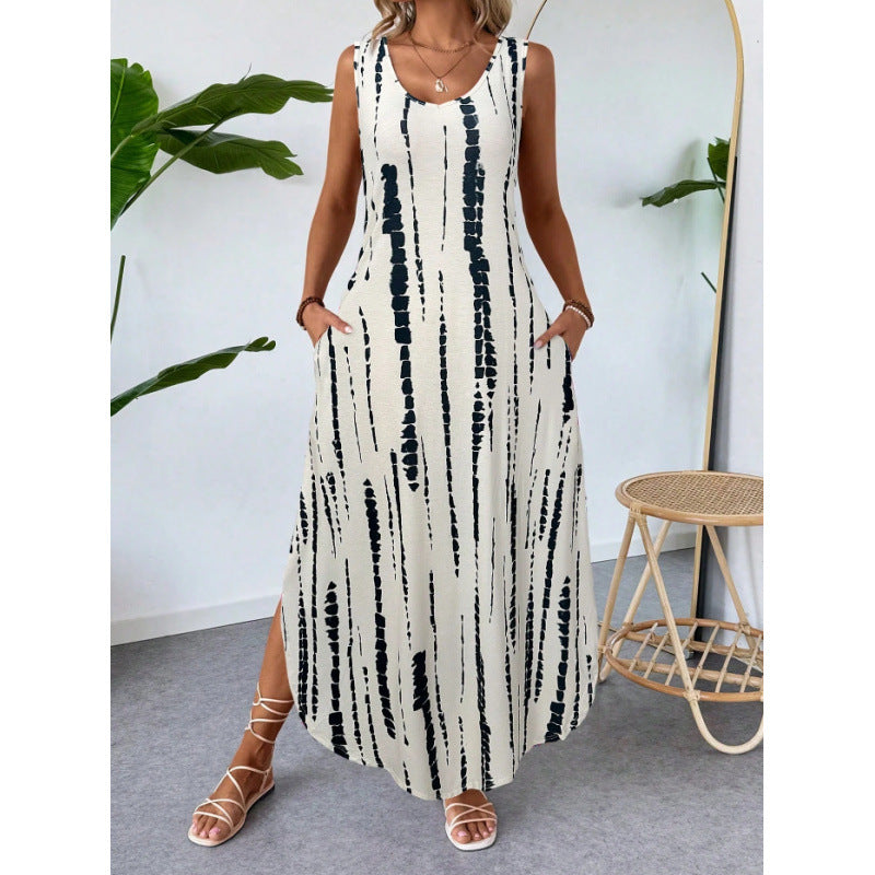 Damen Maxikleid mit seitlichen Taschen und modischem Streifenmuster R&B