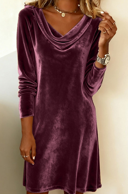 Damen nan Samtkleid mit drapiertem Wasserfallausschnitt, knielanger A-Linien‑Silhouette und langen Ärmeln R&B
