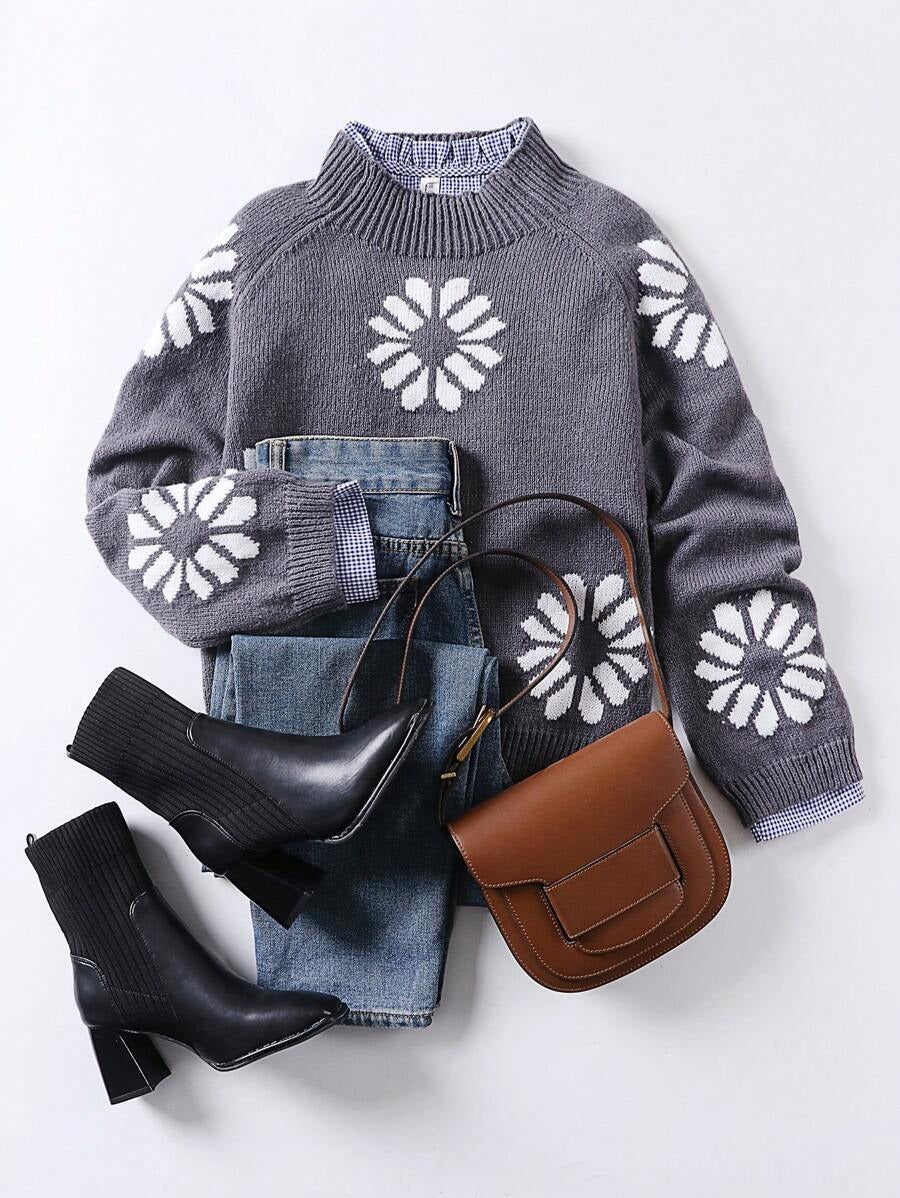 Damen Strickpullover mit floralem Motiv und modernem Rundhalsausschnitt R&B