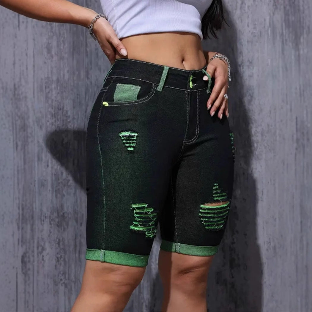 Damen Destroyed Denim-Shorts mit auffälligen Akzenten und hohem Bund R&B