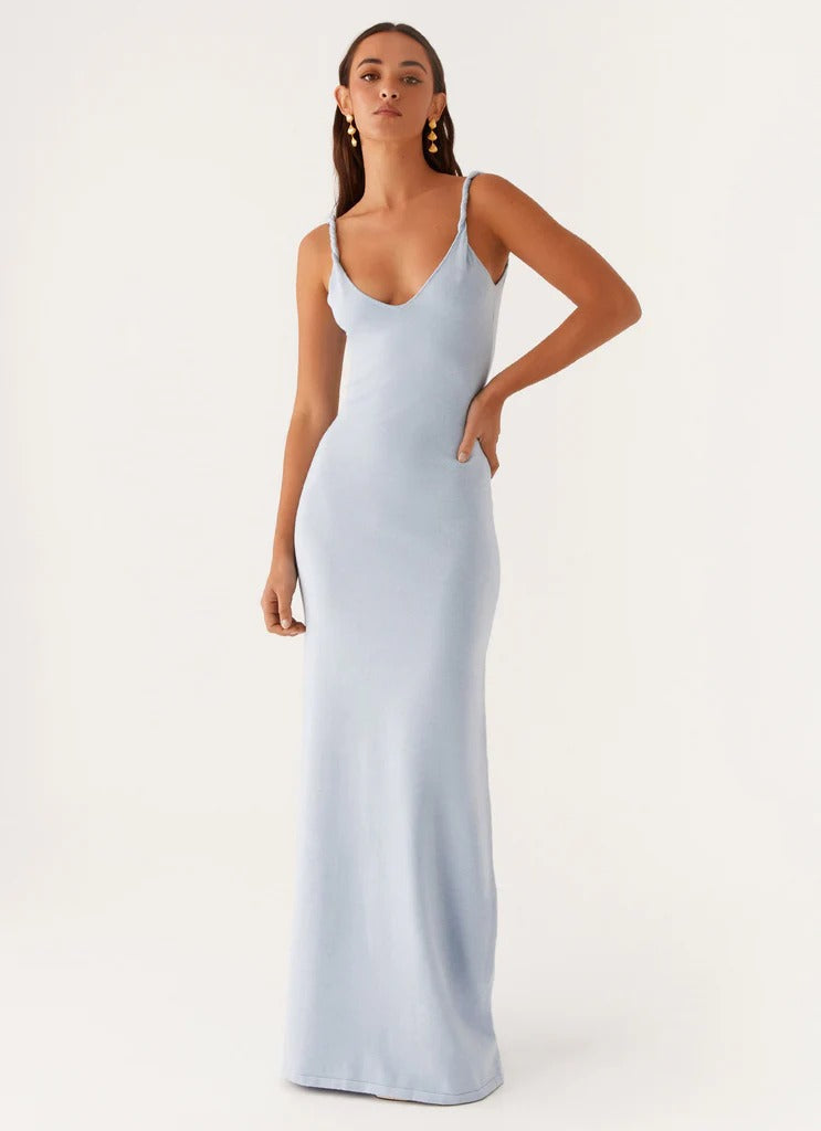 Damen Elegantes Maxirockkleid mit tiefem V-Ausschnitt und feinen Trägern R&B