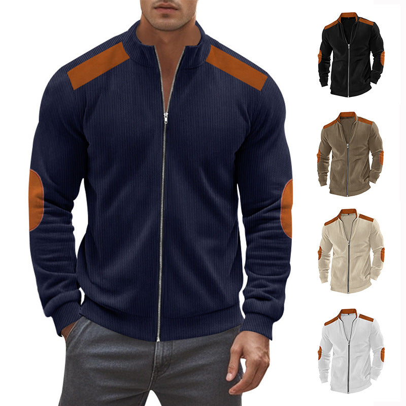 Herren nan Stehkragen-Sweatjacke mit feiner Rippstruktur, Ellbogen-Patches und kontrastierenden Schulterdetails R&B