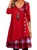 Damen asymmetrisches Freizeitkleid mit kariertem Saum und Knopfdetail R&B