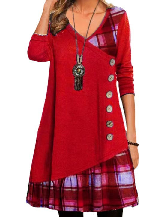 Damen asymmetrisches Freizeitkleid mit kariertem Saum und Knopfdetail R&B