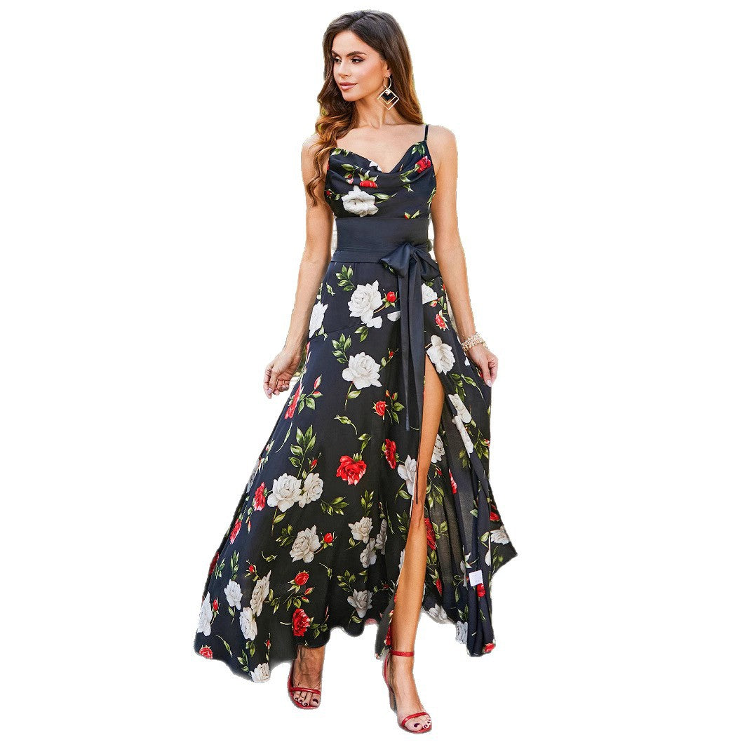 Damen Maxikleid mit floralem Design und hohem Beinschlitz R&B