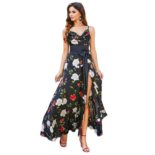 Damen Maxikleid mit floralem Design und hohem Beinschlitz R&B
