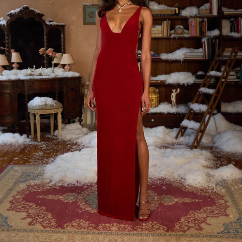Damen Elegantes Maxikleid mit tiefem V-Ausschnitt und hohem Schlitz R&B