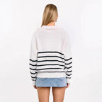 Damen sportlicher Strickpullover mit halbem Reißverschluss und Streifenmuster R&B