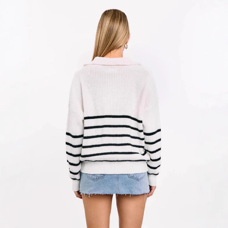 Damen sportlicher Strickpullover mit halbem Reißverschluss und Streifenmuster R&B