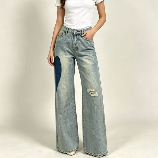 Damen weit geschnittene Denim-Jeans mit einzigartigen Farbakzenten R&B