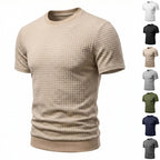 Herren nan kurzärmeliges Strickshirt mit geprägter Karostruktur, Rundhalsausschnitt und geripptem Saum R&B