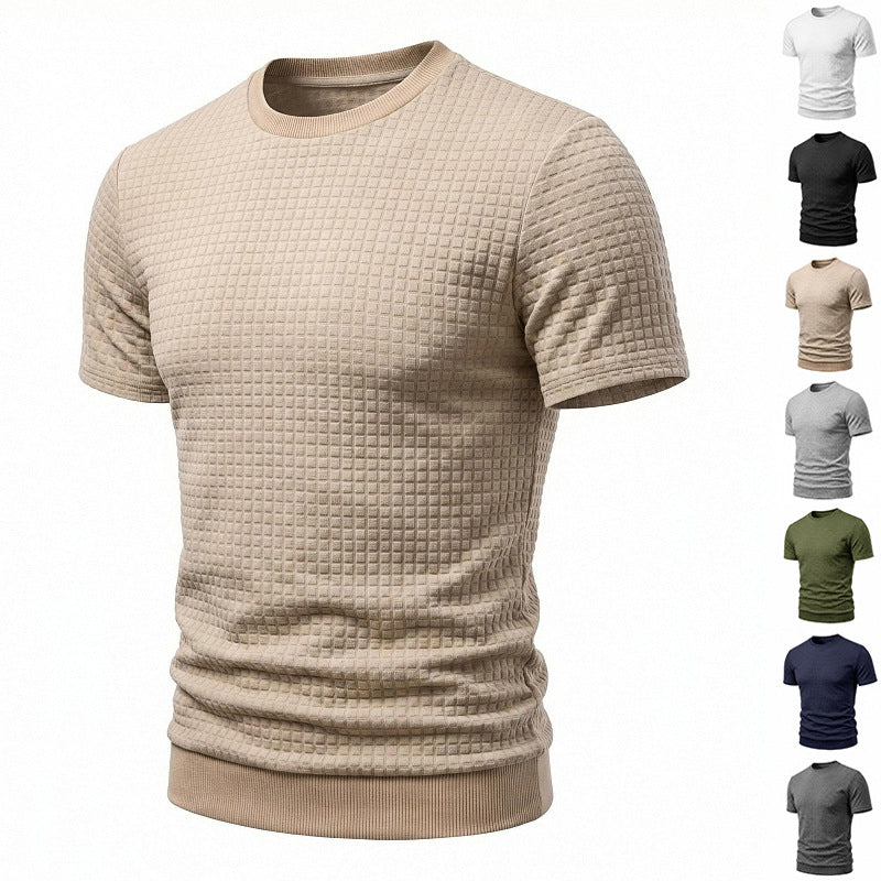 Herren nan kurzärmeliges Strickshirt mit geprägter Karostruktur, Rundhalsausschnitt und geripptem Saum R&B
