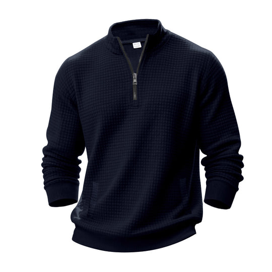 Herren nan Waffelstruktur-Halbzip-Pullover mit Stehkragen und dezenten Eingrifftaschen R&B