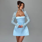 Damen elegantes Kleid mit luxuriösen Spitzenärmel und schickem Rückenverschluss R&B