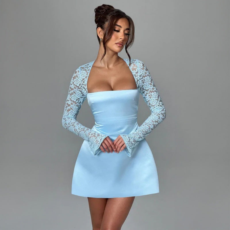 Damen elegantes Kleid mit luxuriösen Spitzenärmel und schickem Rückenverschluss R&B