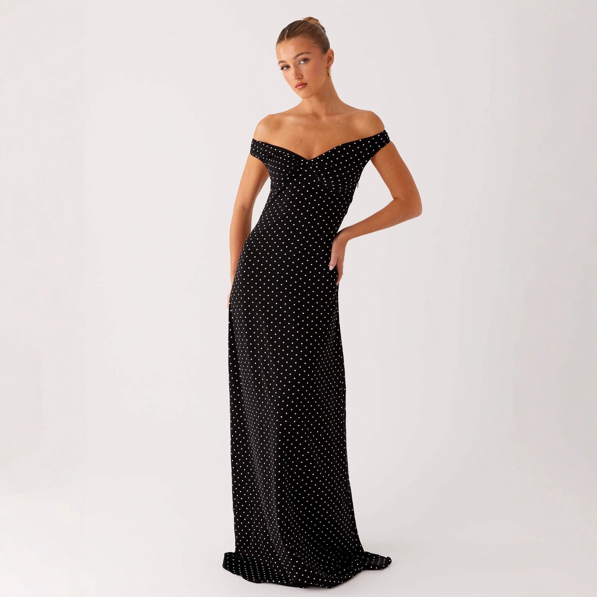 Damen Abendkleid mit Off-Shoulder-Design und elegantem Punktmuster R&B
