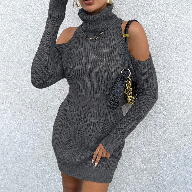 Damen Strickkleid mit Rollkragen und offenen Schultern R&B