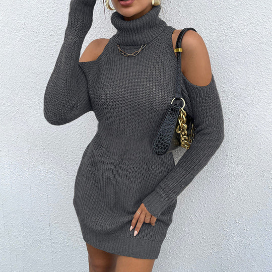 Damen Strickkleid mit Rollkragen und offenen Schultern R&B