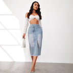 Damen Denim-Midi-Rock mit hohem Schlitz und ausgefranstem Saum R&B