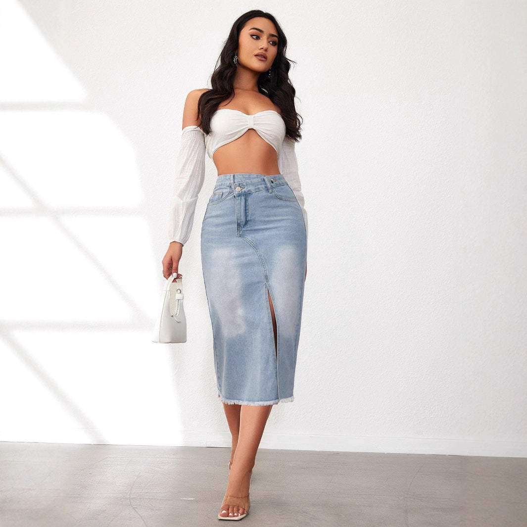 Damen Denim-Midi-Rock mit hohem Schlitz und ausgefranstem Saum R&B