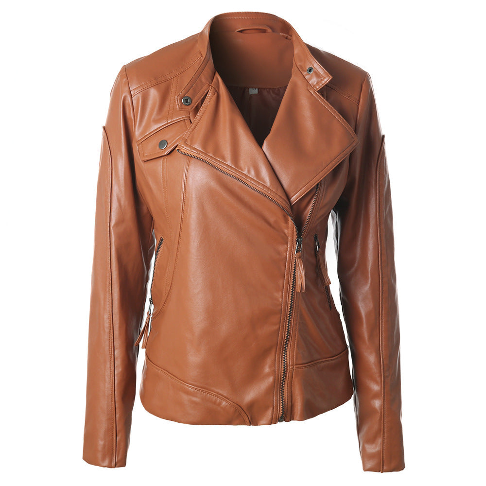 Damen Modische Kunstlederjacke mit asymmetrischem Reißverschluss und Stehkragen R&B