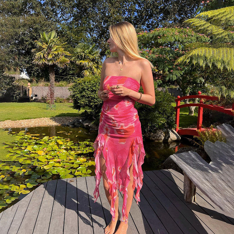 Damen elegantes Rüschenkleid mit trägerlosem Oberteil und asymmetrischem Saum R&B